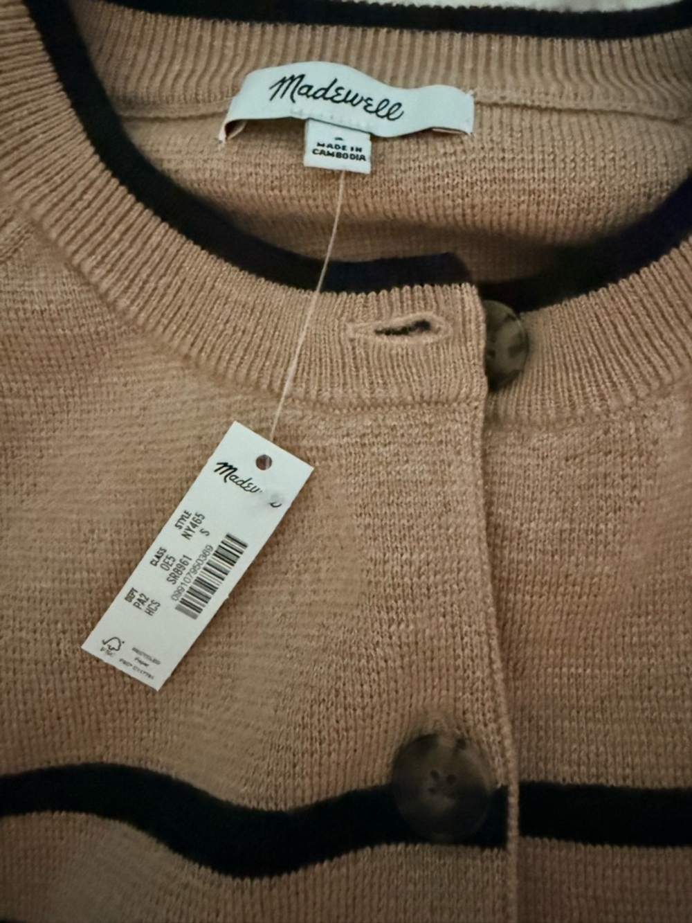 NWT-Madewell Camel and Black Striped Button-Front Cardigan Size S - Picture 9 of 9
